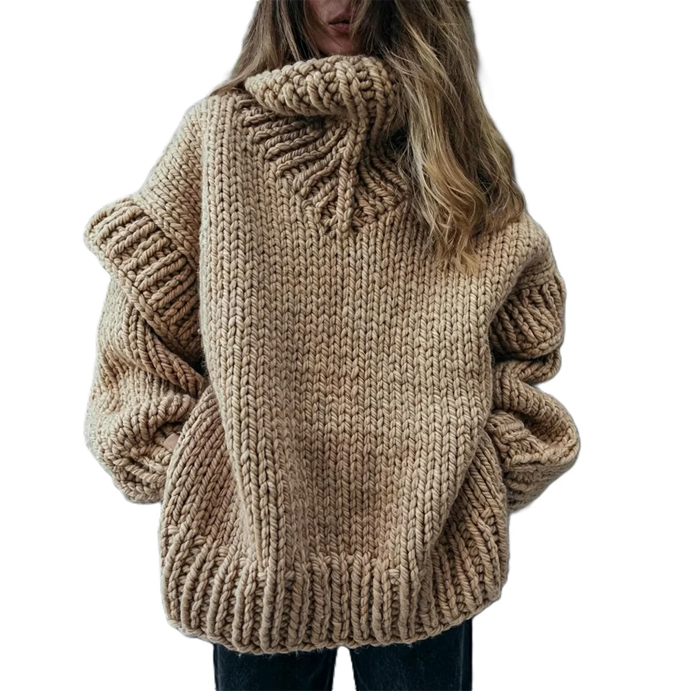 Women's Solid Color Loose High Neck Knitted Pullover Sweater Thickened Coat Suitable For Autumn And Winter Seasons