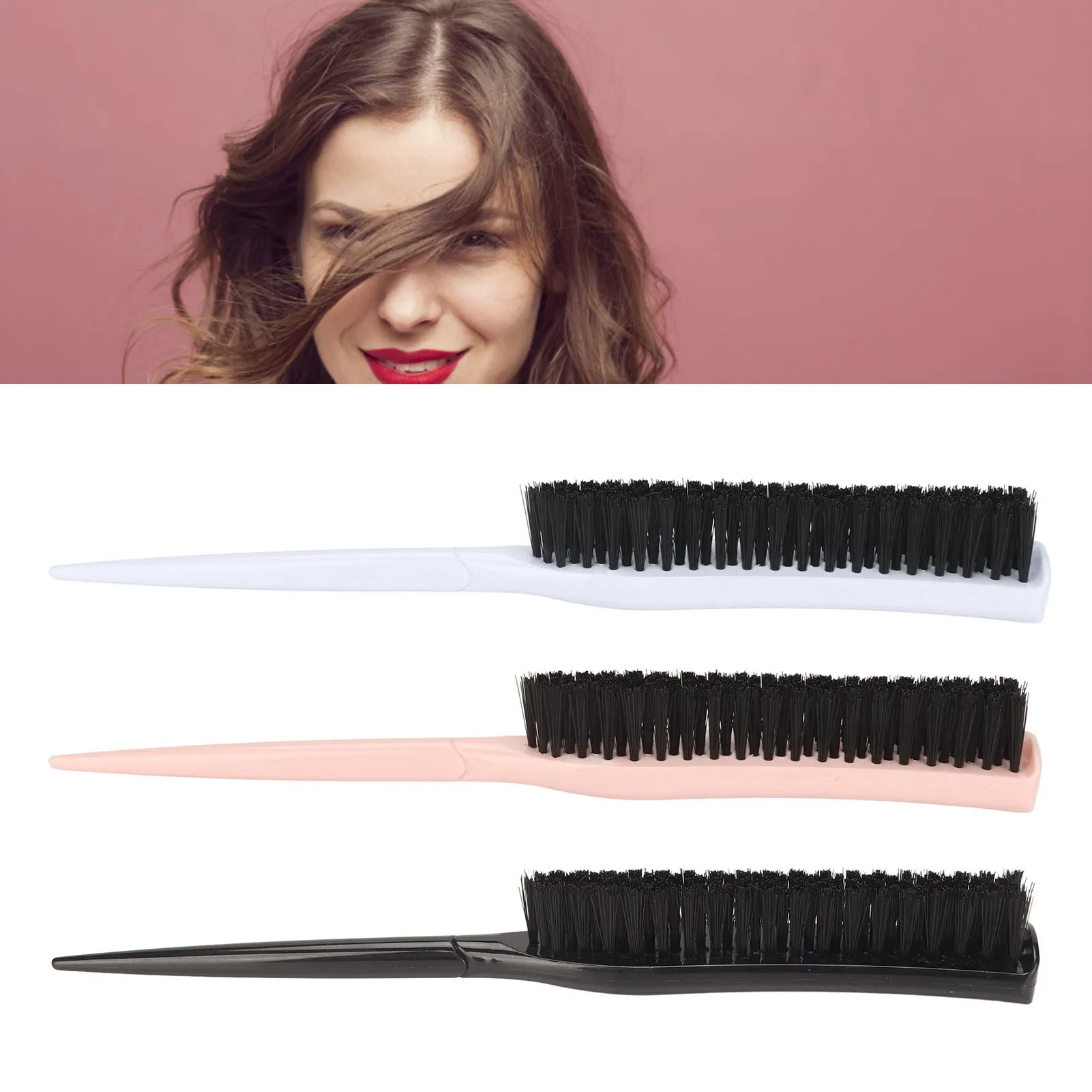 Hair Teasing Brush 3 Row Nylon Add Volume Ergonomic Portable Hair Styling Rat Tail Brush for Salon Hair Grooming Brushes