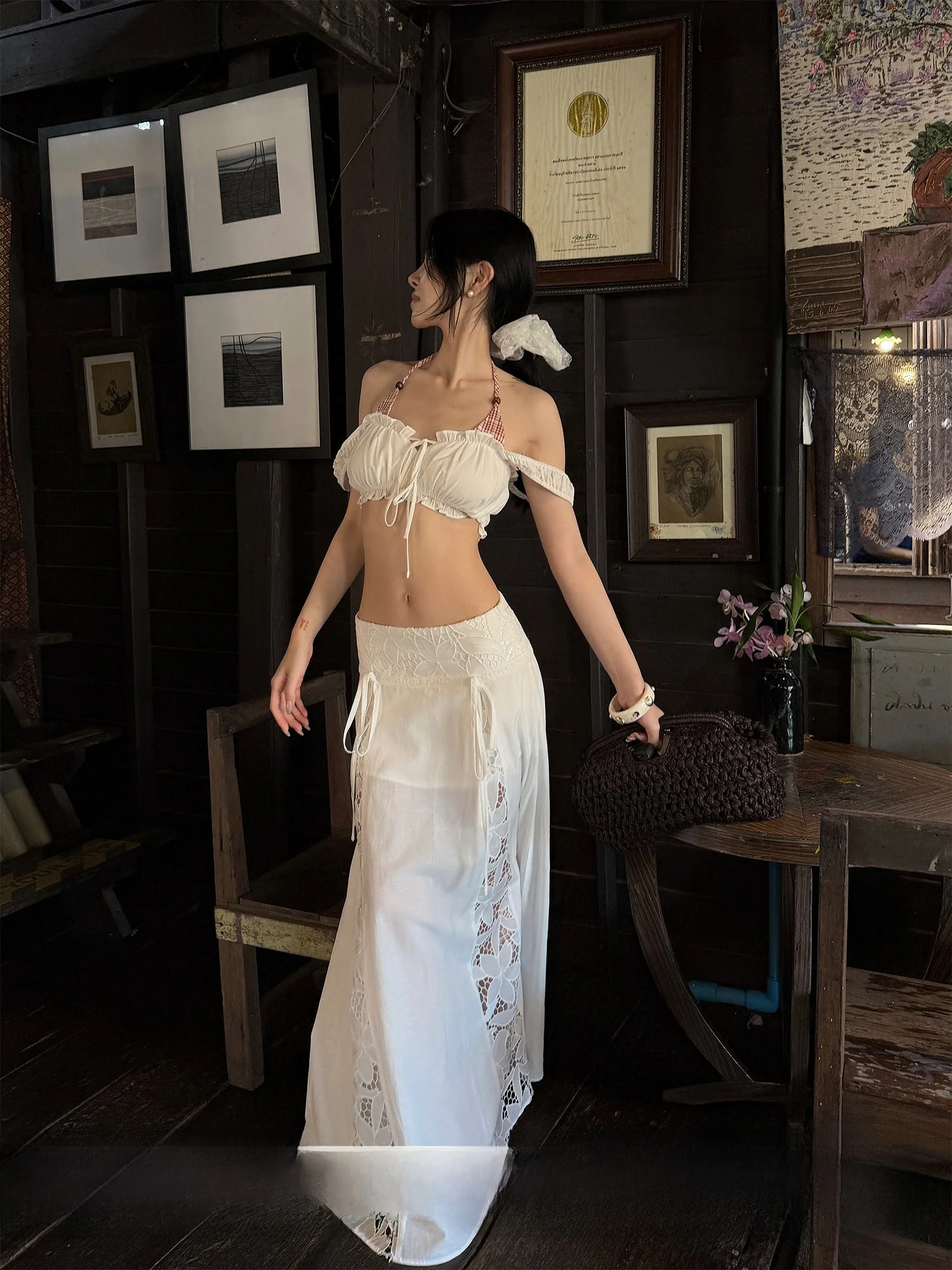 

Elegant High Waist Embroidered Hollow out Skirt Women's Summer Atmosphere Drapey A-Line Midi Skirt Polyester Viscose Linen