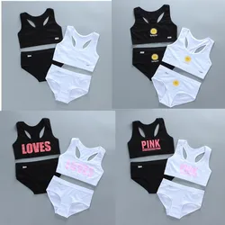 Teenage Girls Underwear Wireless Letter Print Small Bra Panty Set For Children Young Girls Sports Runnin Crop Tops 8-16Years