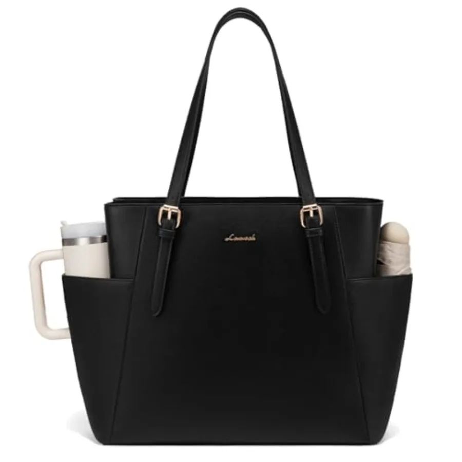 

Laptop Tote Bag for Women With Large Cup Holder Leather Work Tote Bag for Women Professional Computer Briefcase Business Teache