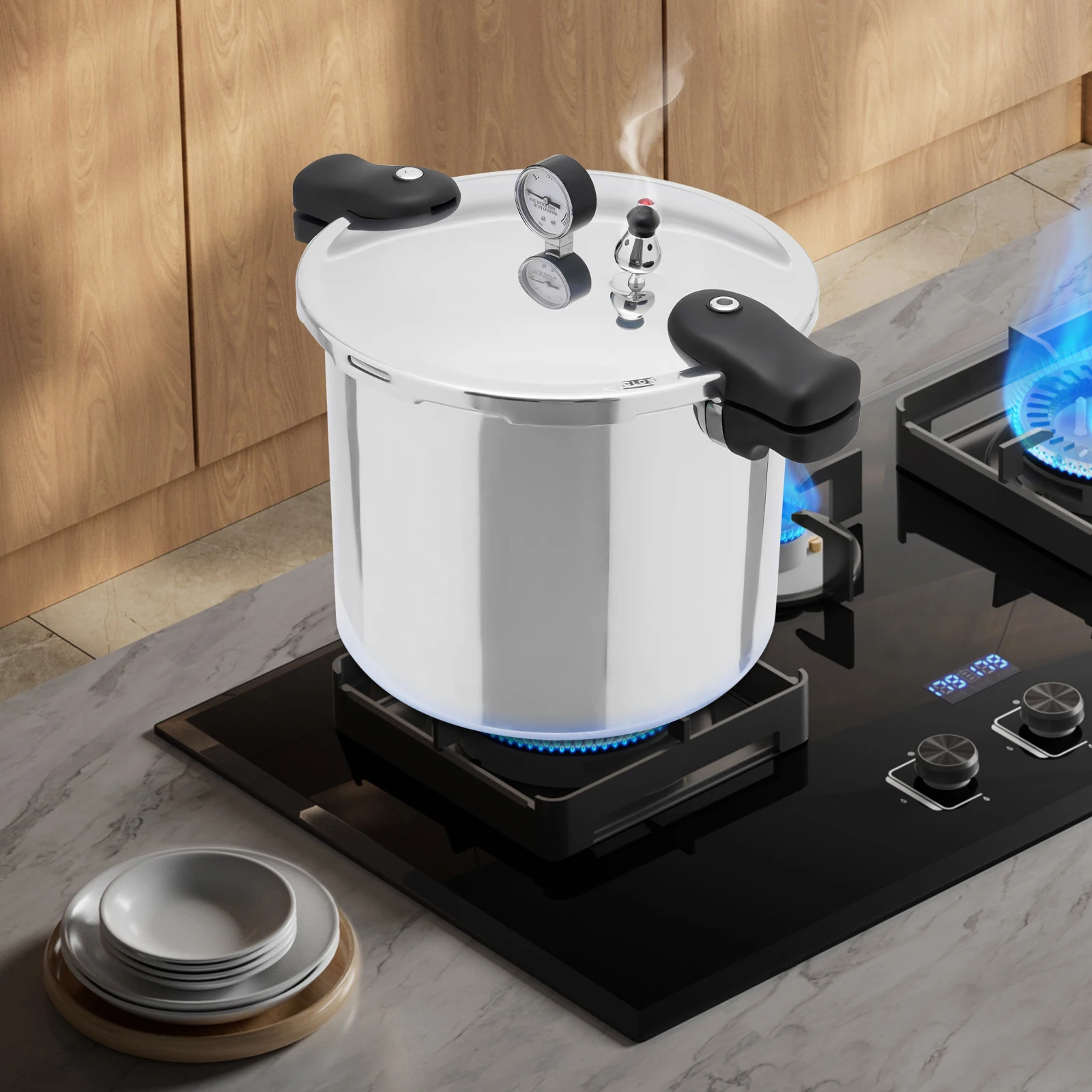 

22L Pressure Cooker 90Kpa Aluminum Alloy Fast Heating Large Capacity Pot with Pressure Gauge Safety Valve for Gas Stove Camping