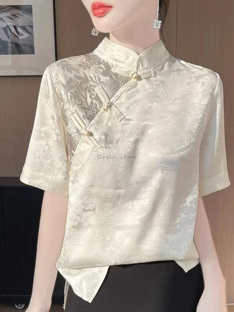 

2025 spring new chinese-style improved cheongsam collar button up t-shirt women satin jacquard basic short-sleeved tang suit top