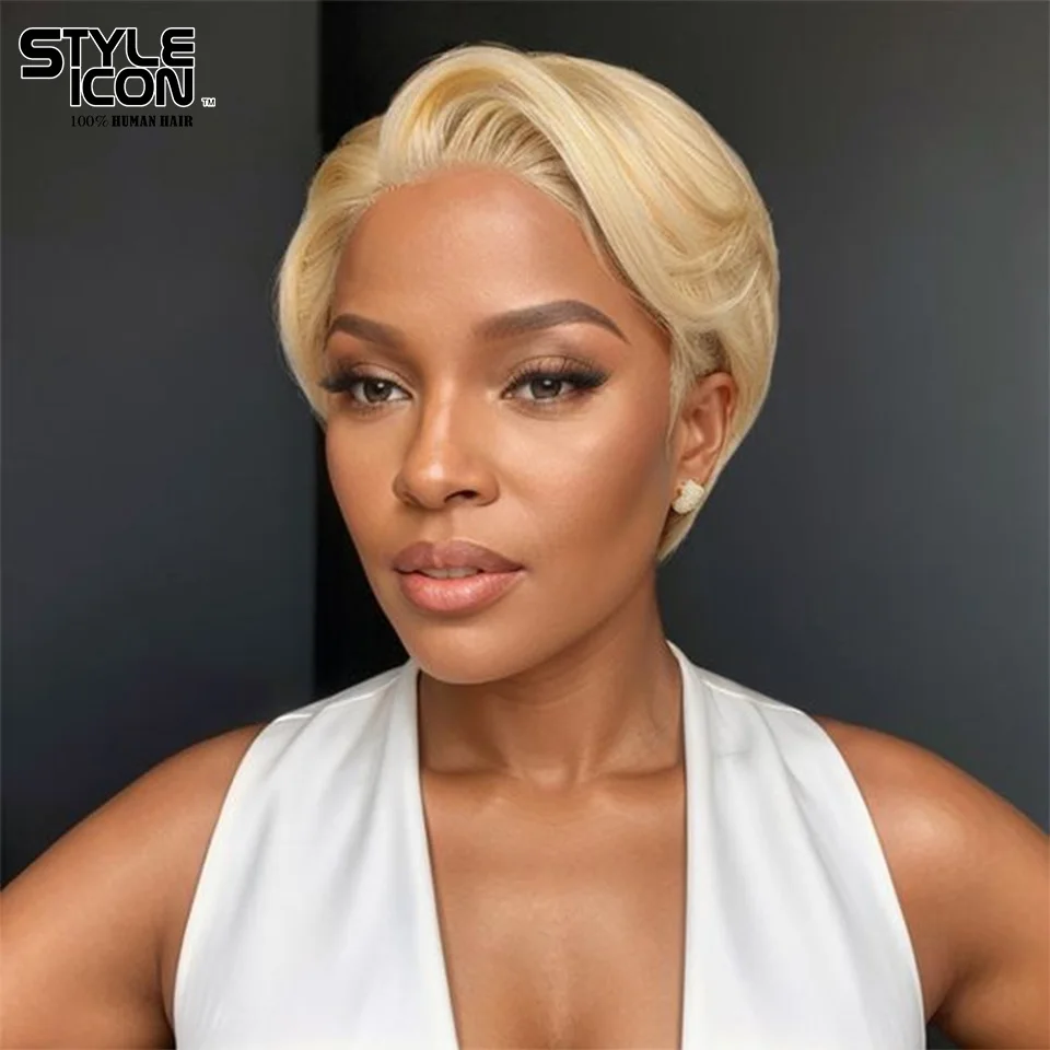 Slicked-Back Straight Wigs Pixie Cut Straight Bob Short Human Hair Wigs 613 blonde Bob Wig Lace Hairline Human Hair pixie Wigs