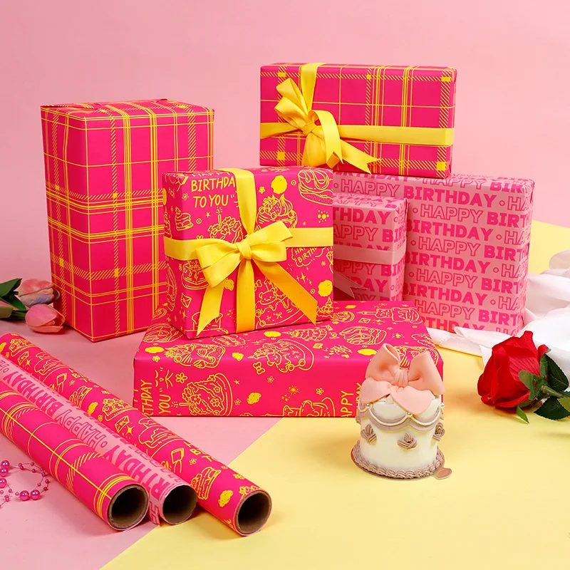 

43x300cm Fluorescent Light Pink Gift Wrapping Paper Birthday Wrapping Paper Polka Dot Stripes Valentine's Day Craft Paper