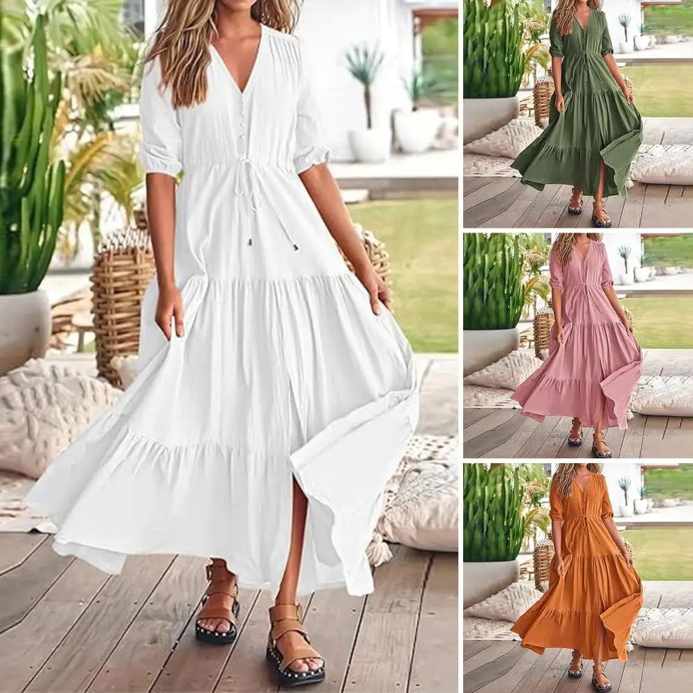 Elegante vestido maxi, vestido plissado detalhando, decote V, cintura de cordão, férias de verão ou escapadelas na praia