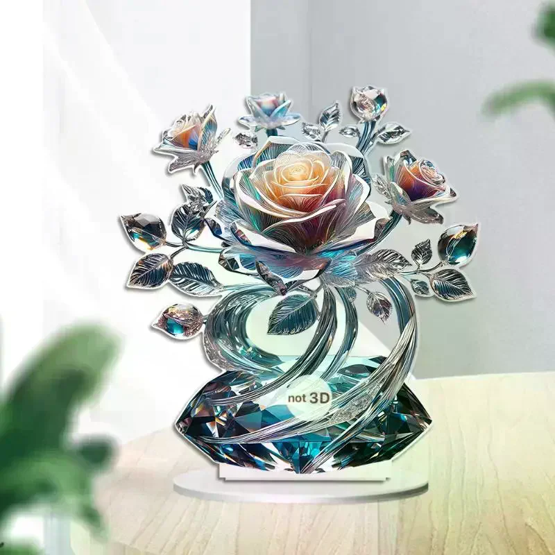 Acrylic 2D Flat Crystal Lily Rose Flower Table Decoration Suitable For Cafe Room Display Case Living Room Office Decor Gift