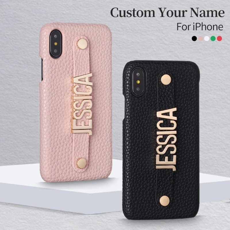 Handmade Leather Phone Case with Holding Strap Custom Name Personalized Wristband iPhone16 15 14 13 12Pro Max 16 14 15Plus Cover