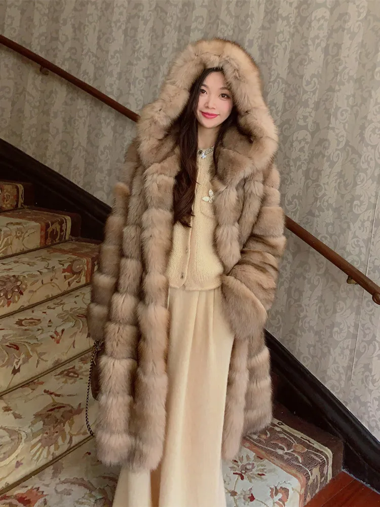 BFFUR Women Fox Fur Coat Long Solid Color Hooded Clothes Warm Thick Winter Autumn Casual Commute Fashion Outerwear