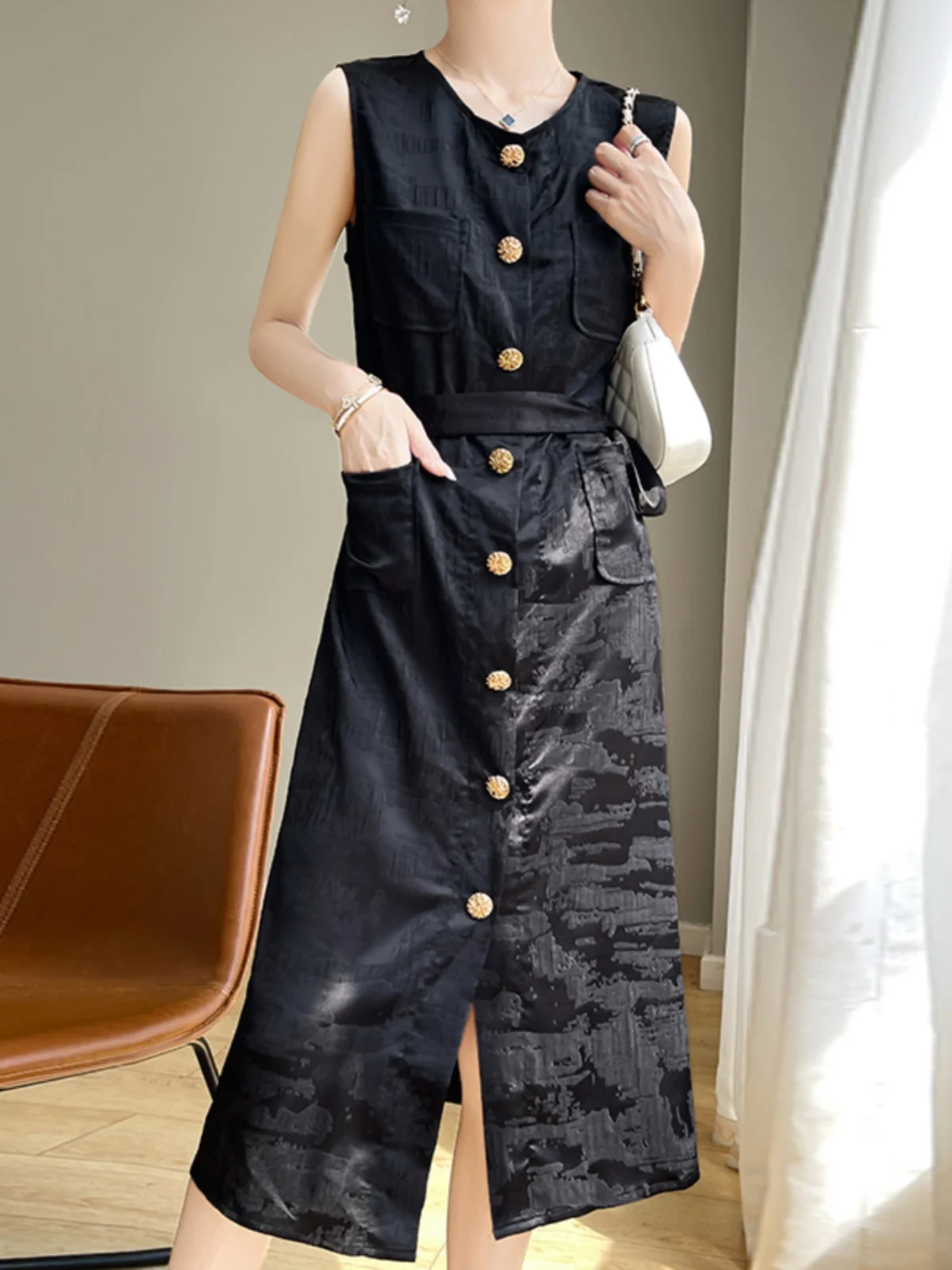 ファイオナブルな新作中国風スレラウンドネベルト付きアセテートサテン春夏レディースカーディガンAラインロングスカート