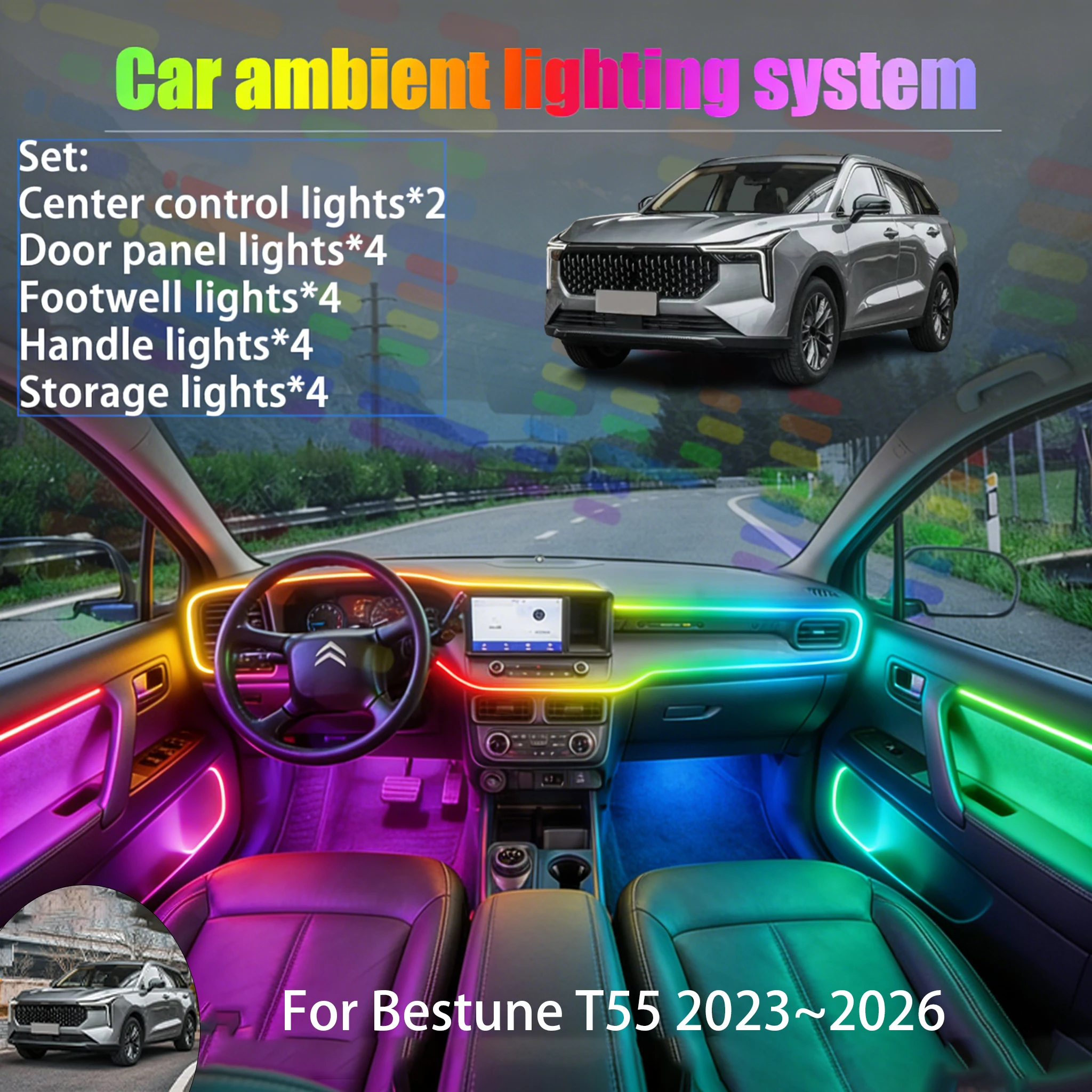 

Для Bestune T55 2023~2026: Комплект светодиодной подсветки салона и багажника 2/18 в 1, USB RGB, с эффектом бегущих огней, автозапчасти