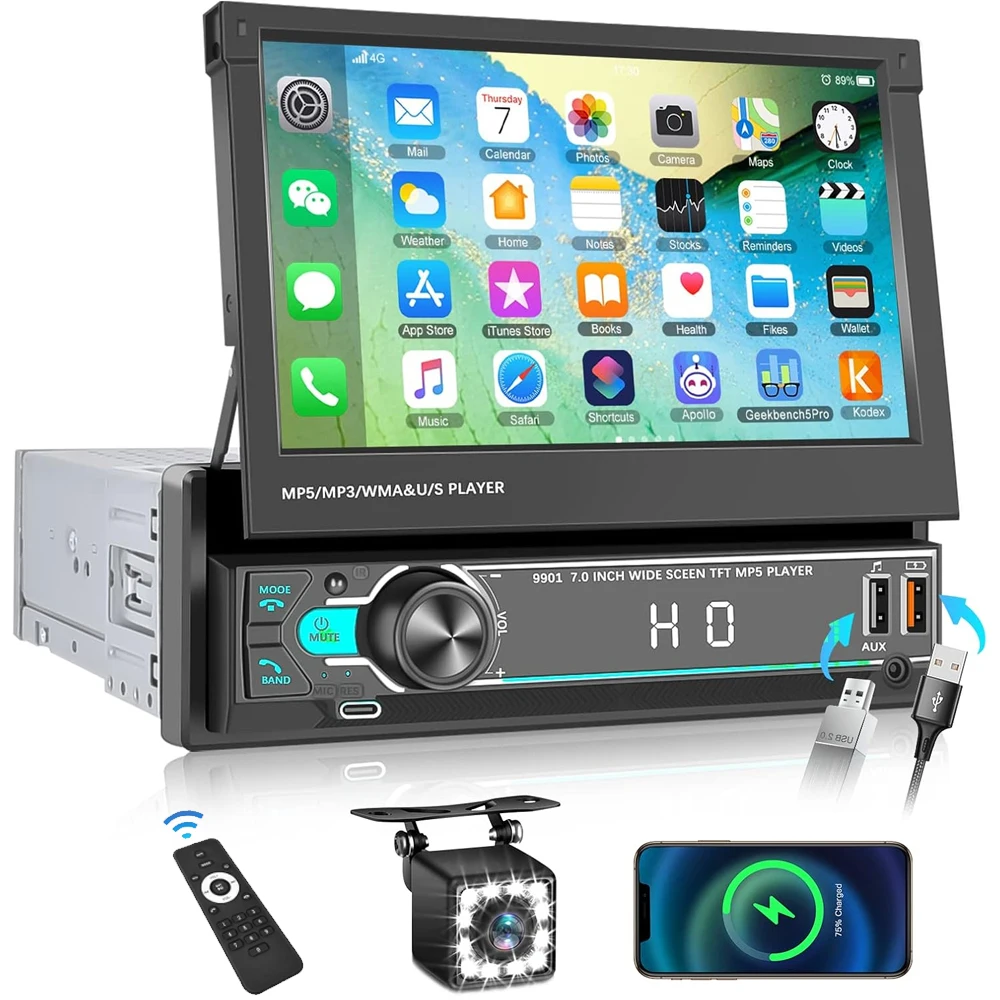Uniwersalne 7-calowe jednodinowe radio samochodowe z wysuwanym ekranem dotykowym, odtwarzacz multimedialny MP5, odbiornik audio, bezprzewodowy Carplay i Android Auto, nawigacja GPS, obsługa Bluetooth,