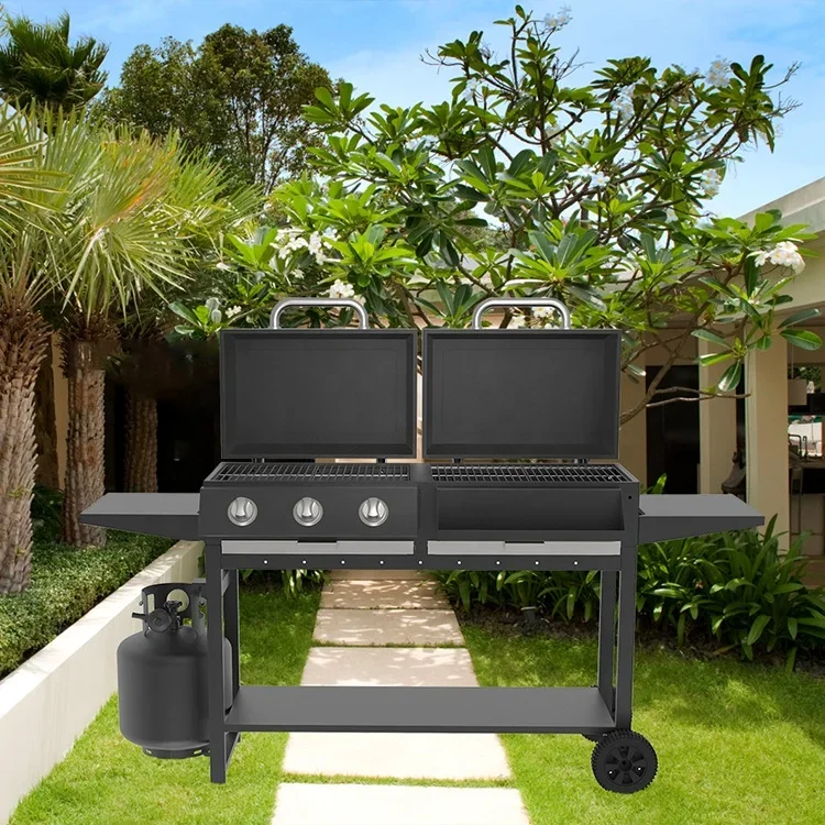 Square Portable Charcoal Gas BBQ Grill Large Cooking Area Outdoor Barbecue Smoker Gas BBQ Grills With Trolly