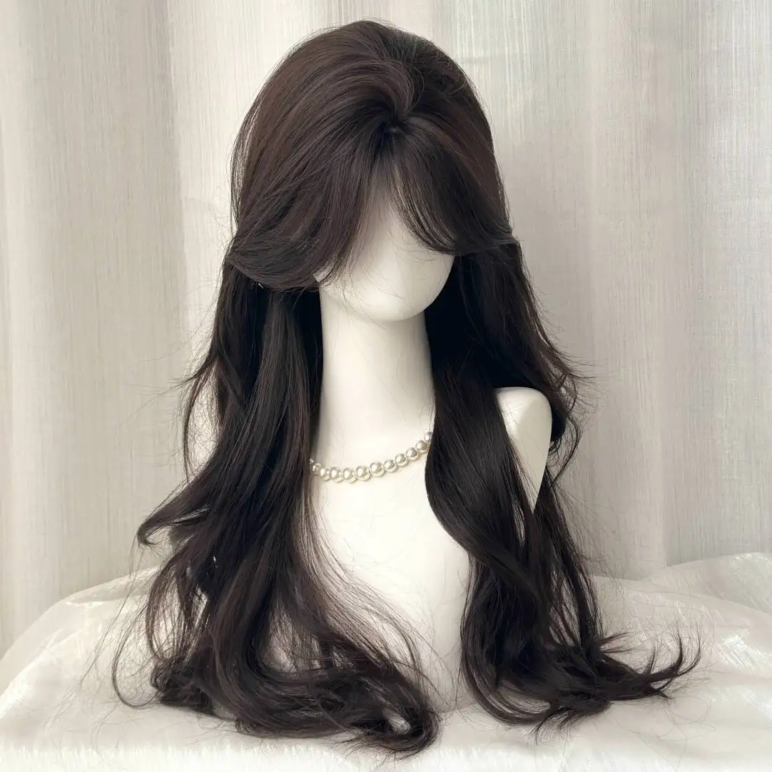 Parrucca femminile con frangia a otto caratteri, capelli lunghi ricci, forma del viso modificata per coprire i capelli bianchi, riedizione superiore, tipo di copricapo completo naturale