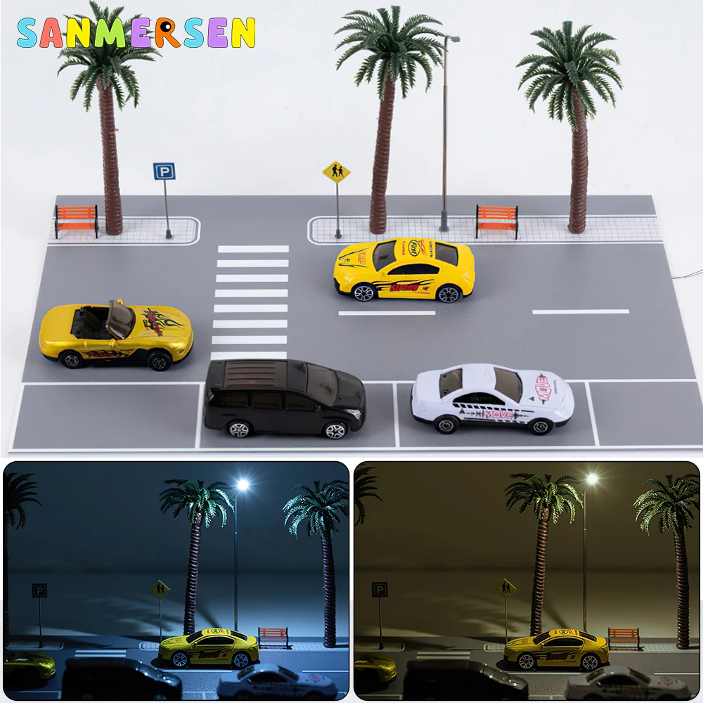 1:64 Car Garage Model LED Lighting Car Parking Lot With Lamp Street Lights Model Railway City Road Display Scene Model Toy Set