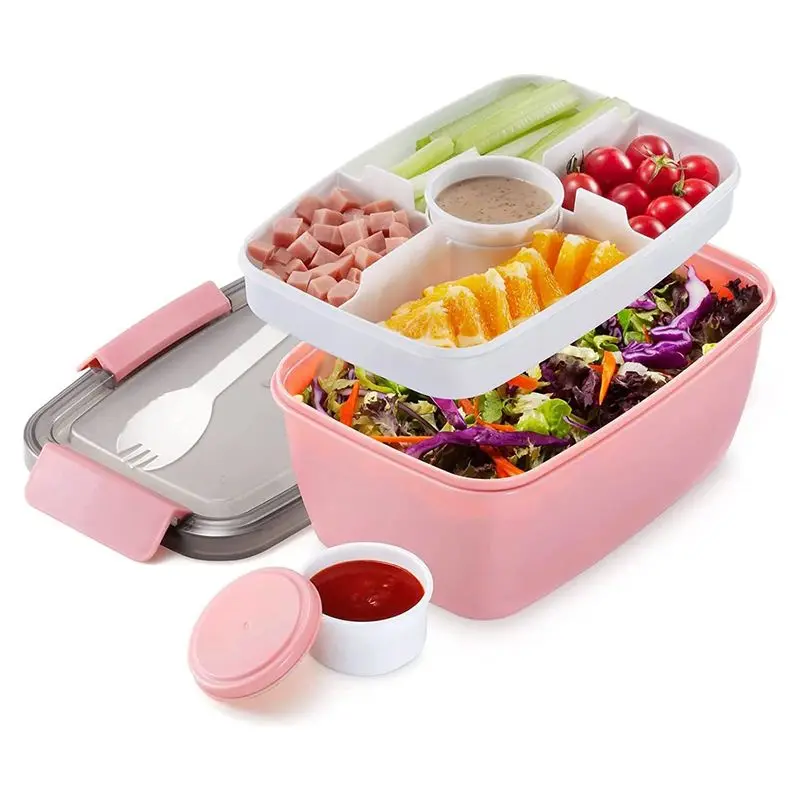 A78I Adult Lunch Box, 2000 Ml, Lunch Box with Compartments, 2-Tier Salad Box to Go, Large, Sustainable, Leak-Proof Pink