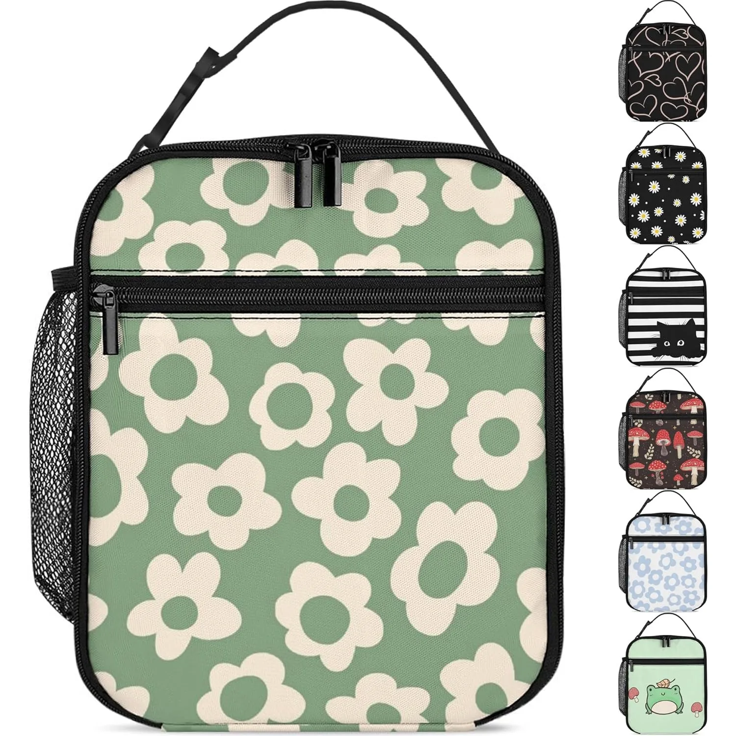 Vintage Groovy Flowers Lunch Box Girls Boys Insulated Lunch Bag Reusable Lunchbox with Side Pocket,Cute Lunch Box