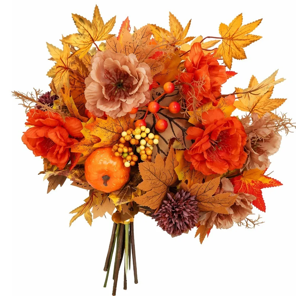 Autumn Artificial Flowers Bouquet Silk Maple Leaf Berry Pumpkin Fake Plant Thanksgiving Halloween Home Decor 2026 Party Supplies - view 2