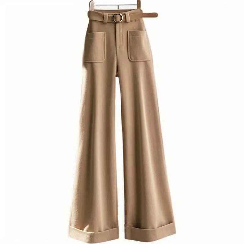 Pantaloni con tasche kaki Pantaloni versatili larghi con gambe larghe Donna Primavera Autunno Pantaloni casual alla caviglia Office Lady XQ221