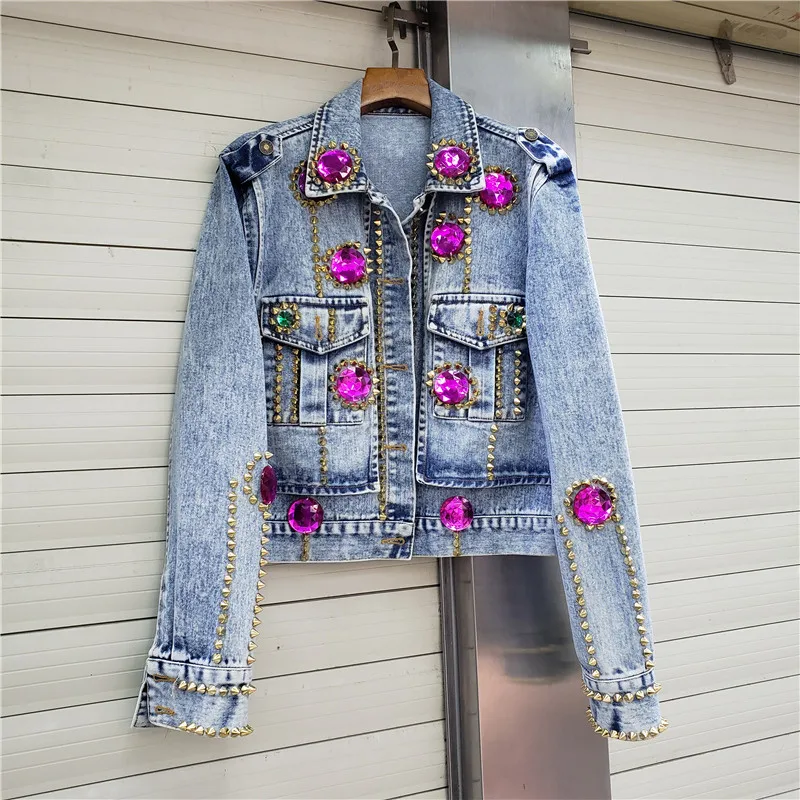 

Heavy Work Multicolour Rivet Diamonds Big Pocket Denim Jacket Women Loose Short Cowboy Outerwear Korean Blue Jeans Jacket Female