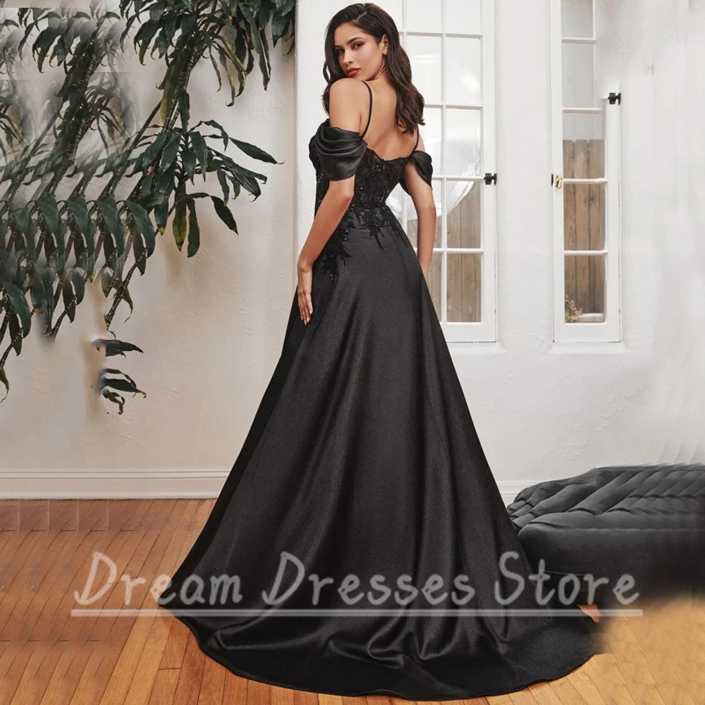 Vestido Noche Negro Tirantes Finos Apliques - close-up view
