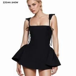 Sexy Black Tie Bow Rope Strap Cross Lacing Up Back Corset style Mini Sling Dress Women Low Waist Hem Ball Gown Party Skater Robe