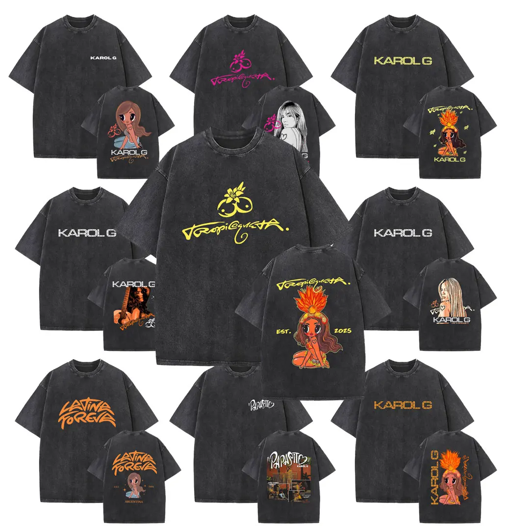 

Karol G Tropicoqueta 2025 New Album Vintage Washed T-shirt Men Women Hip Hop Oversized T Shirts Man Clothing Fashion Streetwear