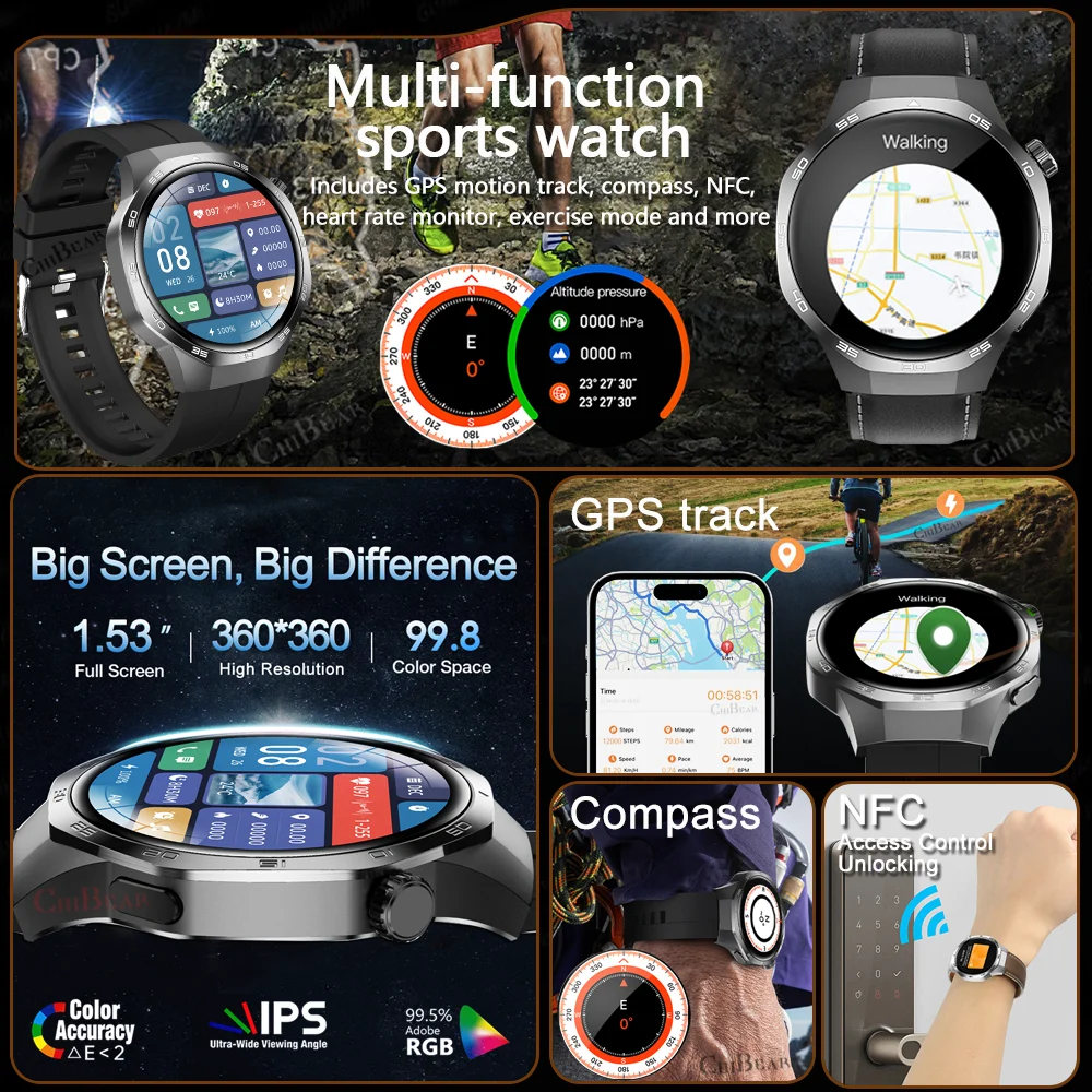 GT5 PRO Smart Watch Men Watch 5 Pro AMOLED HD Screen Bluetooth Call GPS Trajectory NFC Heart Rate Compass SmartWatches 2024 New