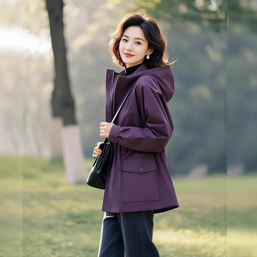 

Women's Unique Age-Reducing Purple Hooded Jacket Spring Fashion Western Style All-Match Windbreaker for Ladies