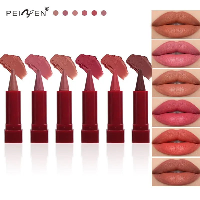 6-delige langdurige matte lipliner en lippenstift set bordeaux kastanjebruin bruin robijn fuchsia ombre romige lip make-up kit