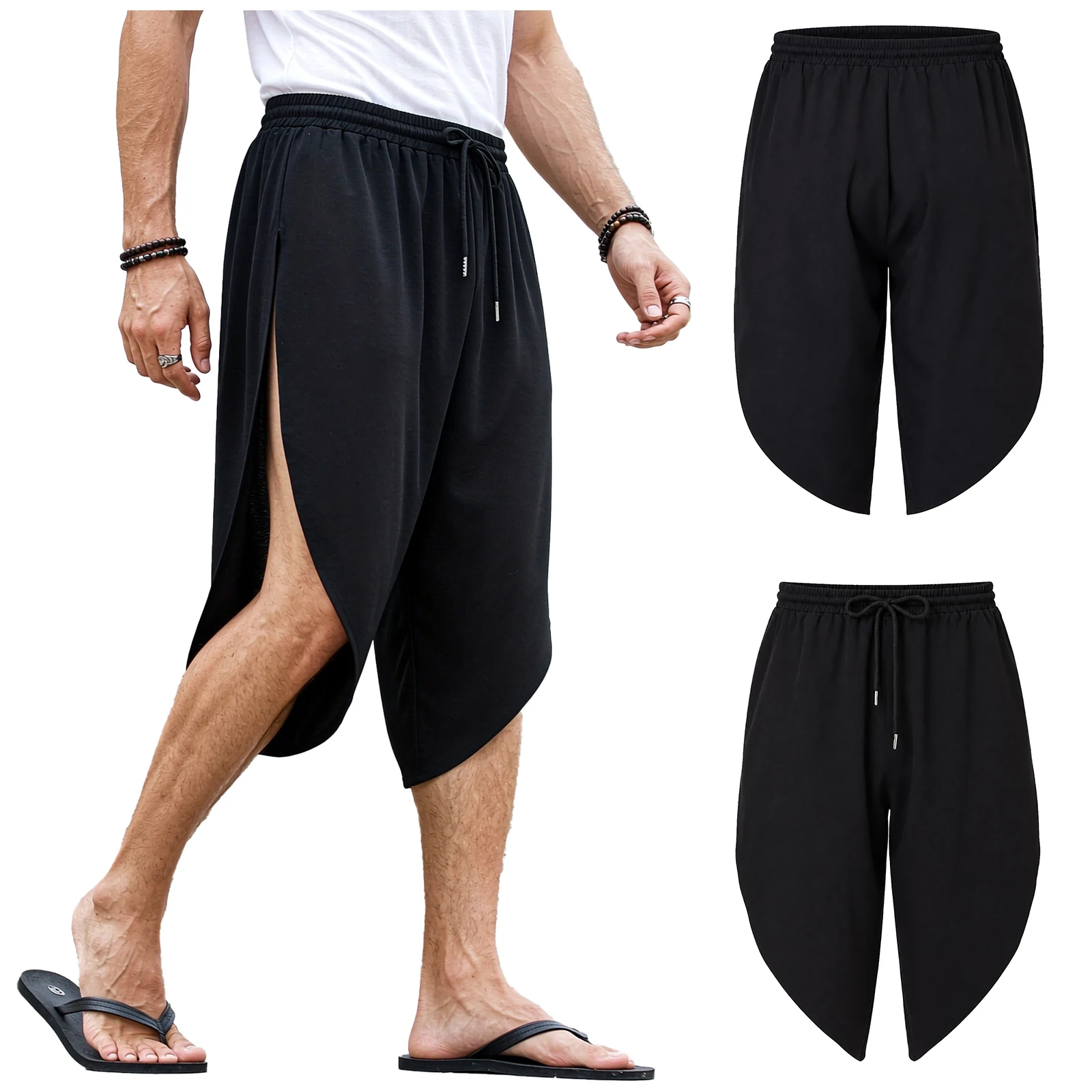 Men Asymmetrical Sides Split Shorts Drawstring Elastic Waistband Shorts Chinese Kung Fu Practice Trousers Japanese Samurai Pants