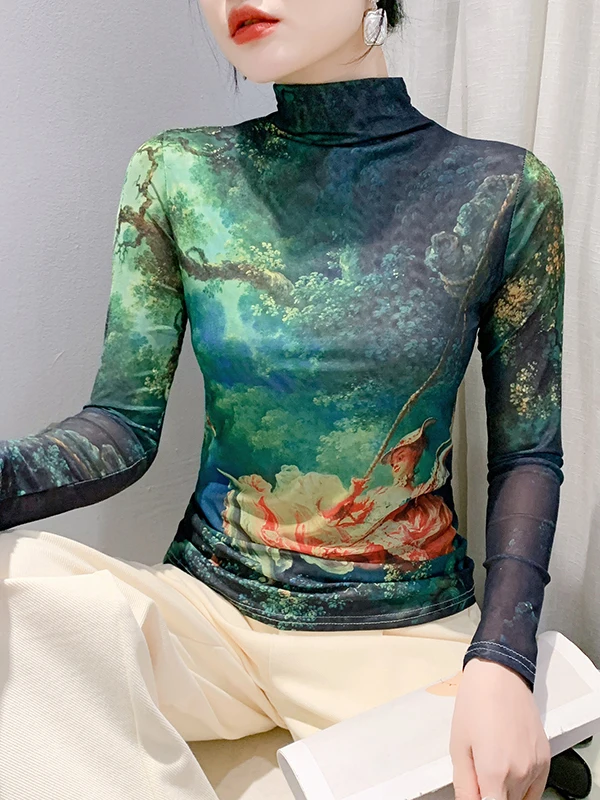 Bedrucktes Me Base irt Damen Long Sve High Collar Herbst Winter Faionable Inner Wear T-Shirt Street Sle Slim Fit Top