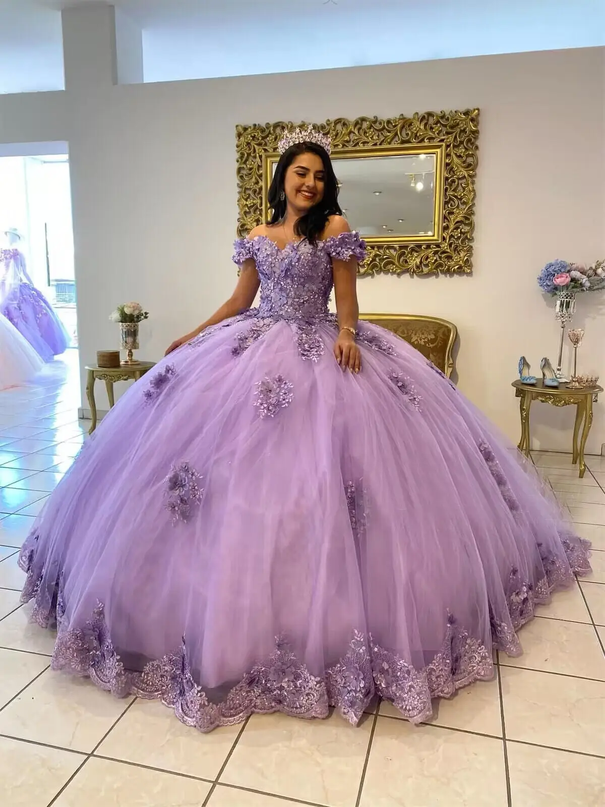 Lavender Lilac Quinceanera Dress With 3D Florals Off Shoulder Puffy Tulle Sweet Vestidos de XV años 15 Years Birthday Customzied