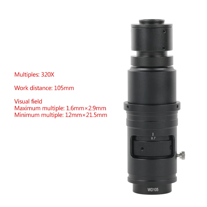 100X 120X 130X 160X 180X 200X 300X 320X 360X 500X 600X 105X Adjustable Zoom C-mount Monocular Lens 50mm Install Diameter