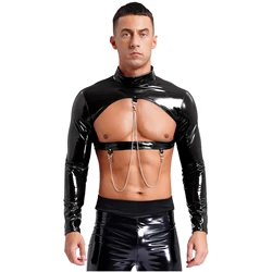 Men's Patent Leather Cutout Crop Tops Wetlook Latex Metal Chains Long Sleeve Zipper Shirts Muscle Showing Top Nightclub Clubwear