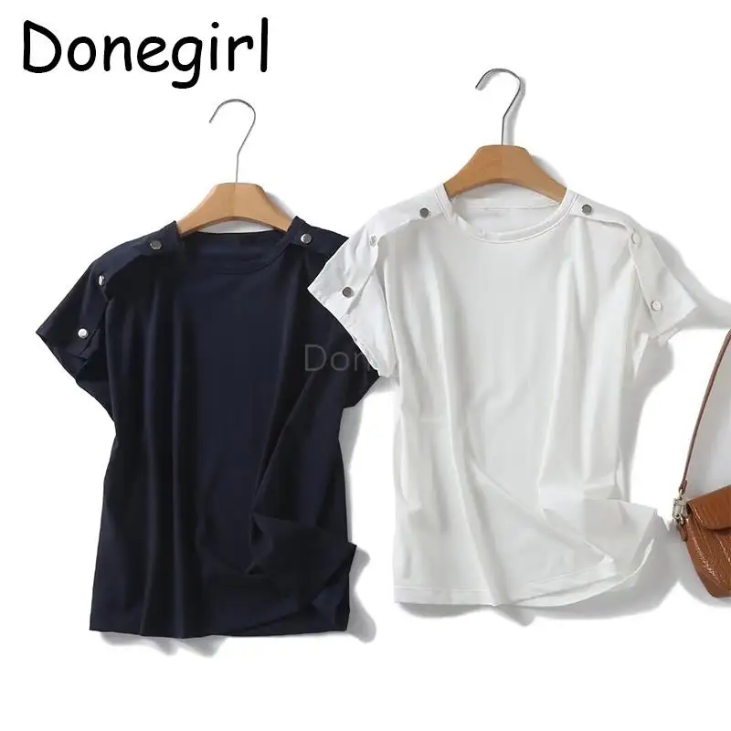 

Donegirl New 2024 Women Spring Summer Short Sleeve Buttons Dropped Shoulder T-shirt Solid Casual Versatile Tops Female Chic Tees