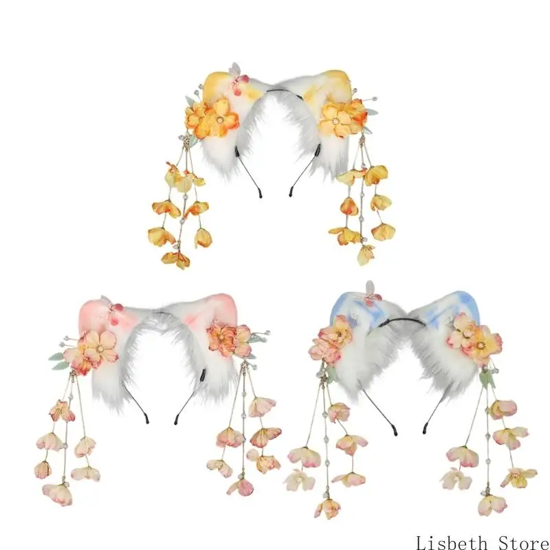 

124a Женщины пушистые кошки ухой волосы воло и цветочные кисточки с аниме -костюмом