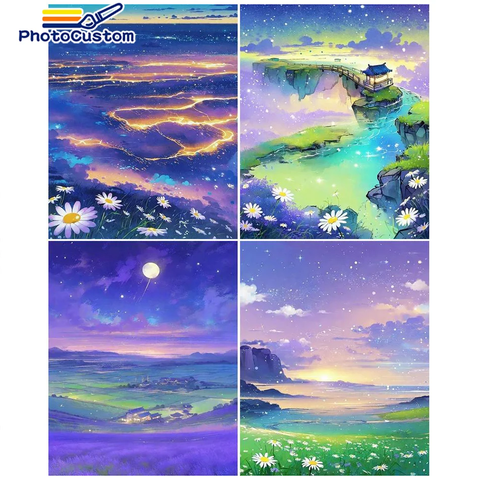 

PhotoCustom 60x75cm Diy Painting By Numbers Purple Landscape Oil Paints Painting Home Decoration Crafts For Adults Handicraft Gi