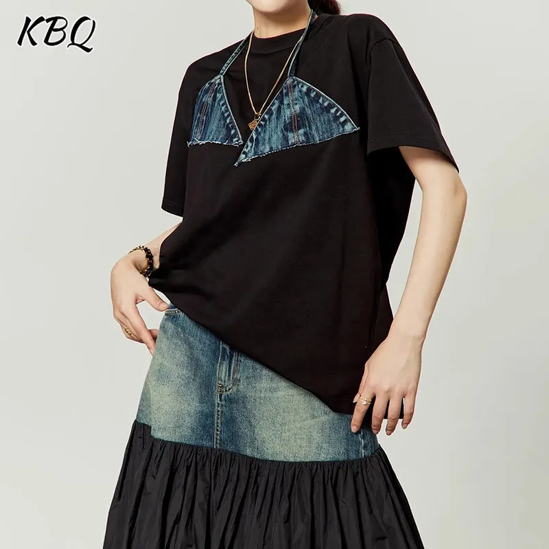 

KBQ Casual Colorblock Patchwork Denim T Shirt For Women Round Neck Short Sleeve Spliced Lace Up Chic T Shirts Female Fashion New