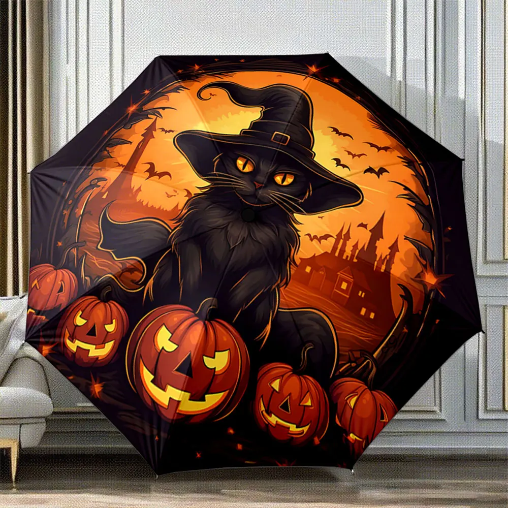 Halloween Black Cat with Pumpkins and Castle Design Umbrella Portable Folding Umbrella, Gift for Family And Friends