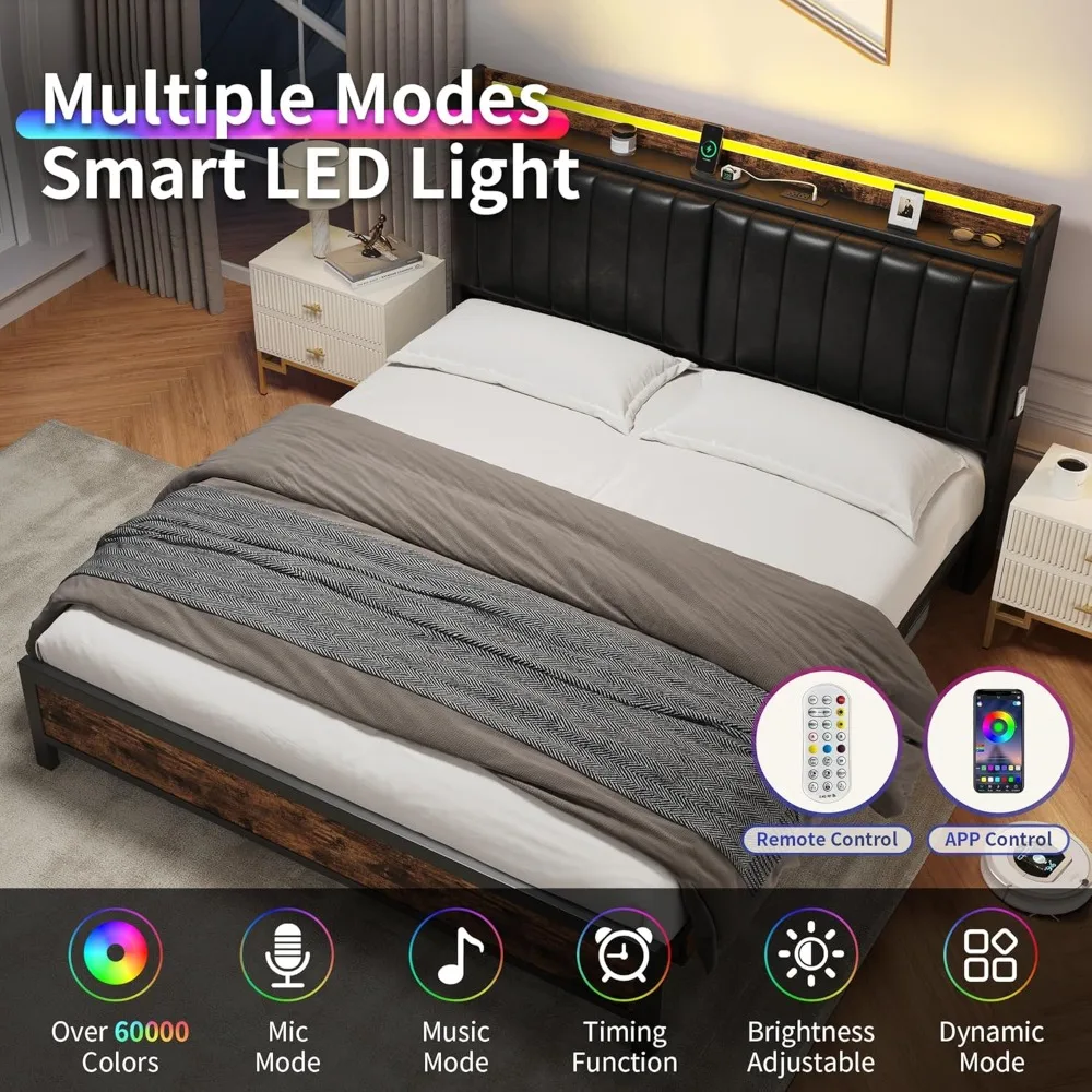 إطار سرير كوين بمسند ظهر قابل للتعديل مع مساحة تخزين مخفية ومنفروشات جلدية من البولي يوريثان، يتضمن محطة شحن