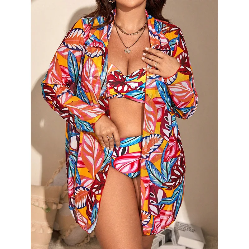 

Large Size Split Swimsuit Women's Printed Bikini Three Piece Set Sexy Gathering Long Sleeved Cover Shirt Bikini Women Casual Y2k