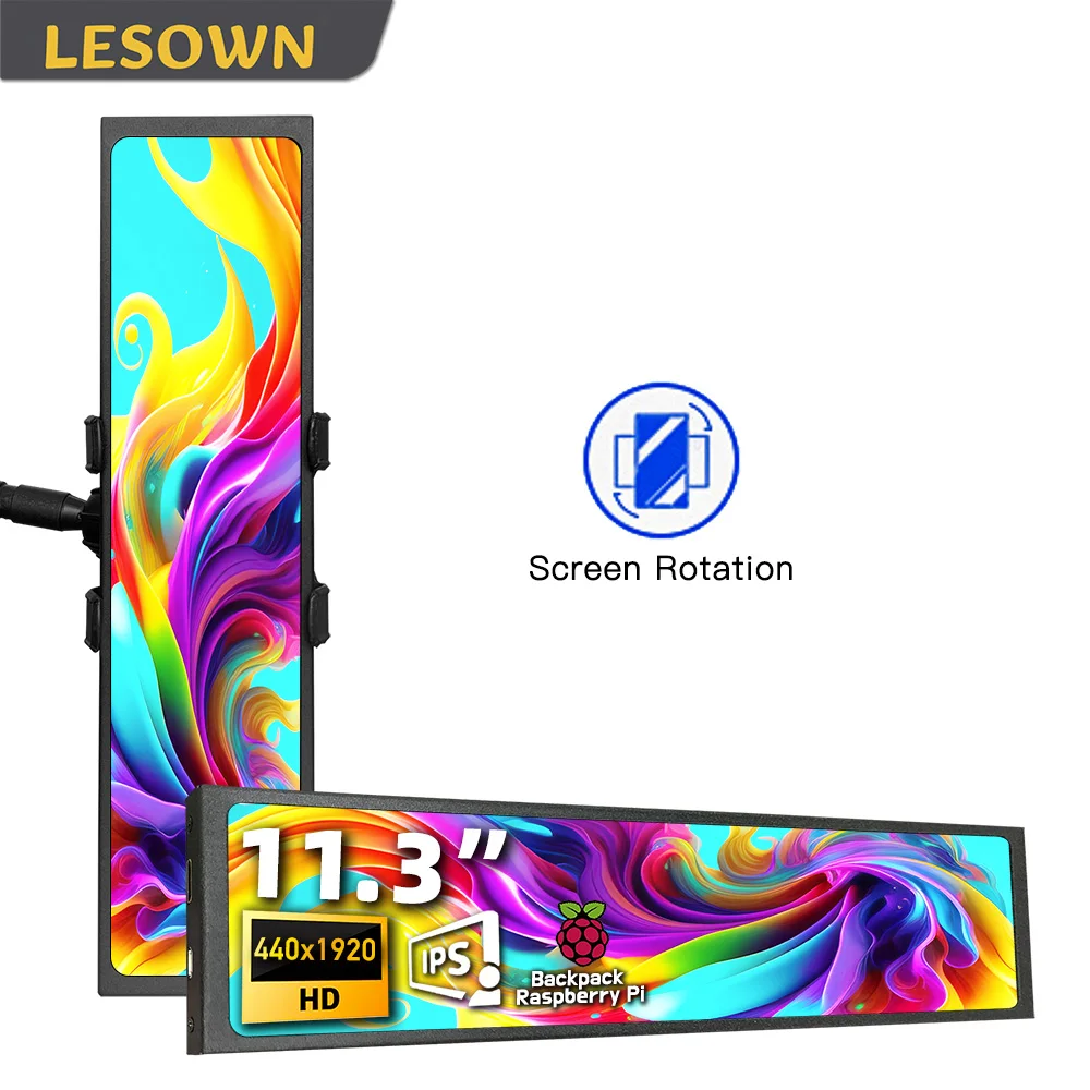 

LESOWN 11.3in Long Extended Display 440×1920 Sidebar Auxiliary Monitor Palm-Sized Screen PC Case Temperature Display for Laptop
