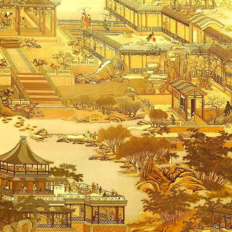 

Chinese style wallpaper Qingming Shanghe map gold leaf golden classical restaurant decoration Zen landscape painting wall paper