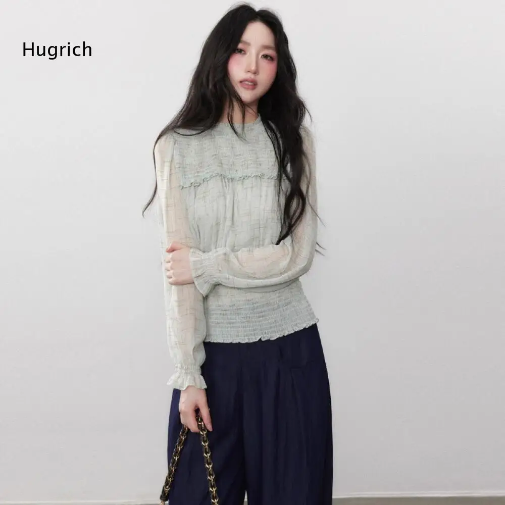 Smocked Elastic Waist Long Sleeve Shirt For Women Crew Neck Ruffle Trim Textured Fabric Blouse For Casual Social Occasions