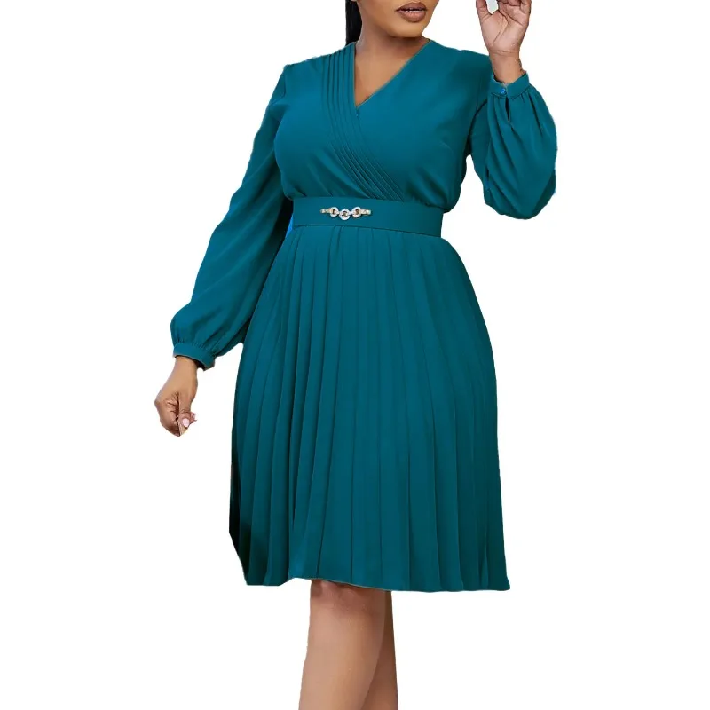 

Polyester African Party Evening Dresses for Women Summer Fashion African Long Sleeve V-neck Pleat Dress Outfits Africa Clothing