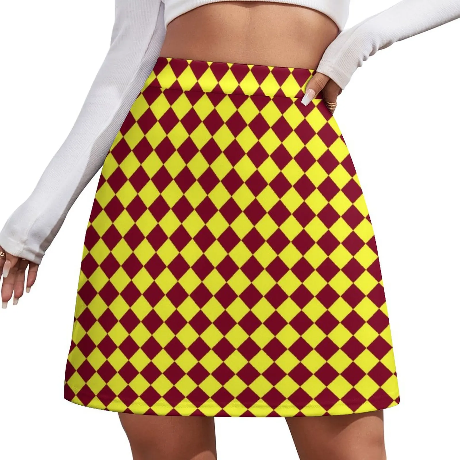 Electric Yellow and Burgundy Red Diamonds Mini Skirt Skirt satin Clothing 90s aesthetic