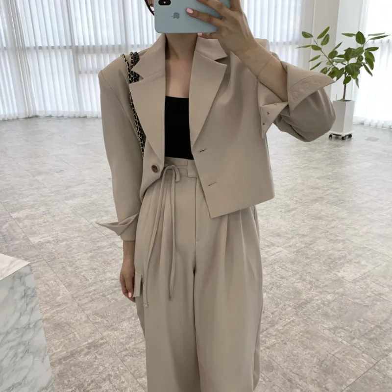 Women\'s Vintage Blazer Pants Suits Two Pieces Set Full Sleeved Short Blazers & Lacing Up High Waist Long Wide Leg Trousers