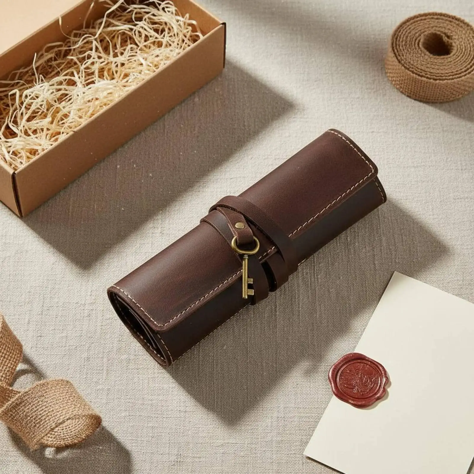 Leather Roll Up Pencil Case Sketch Pen Organizer Genuine Leather Art Brush Holder Vintage Style Desk Storage for School - view 3