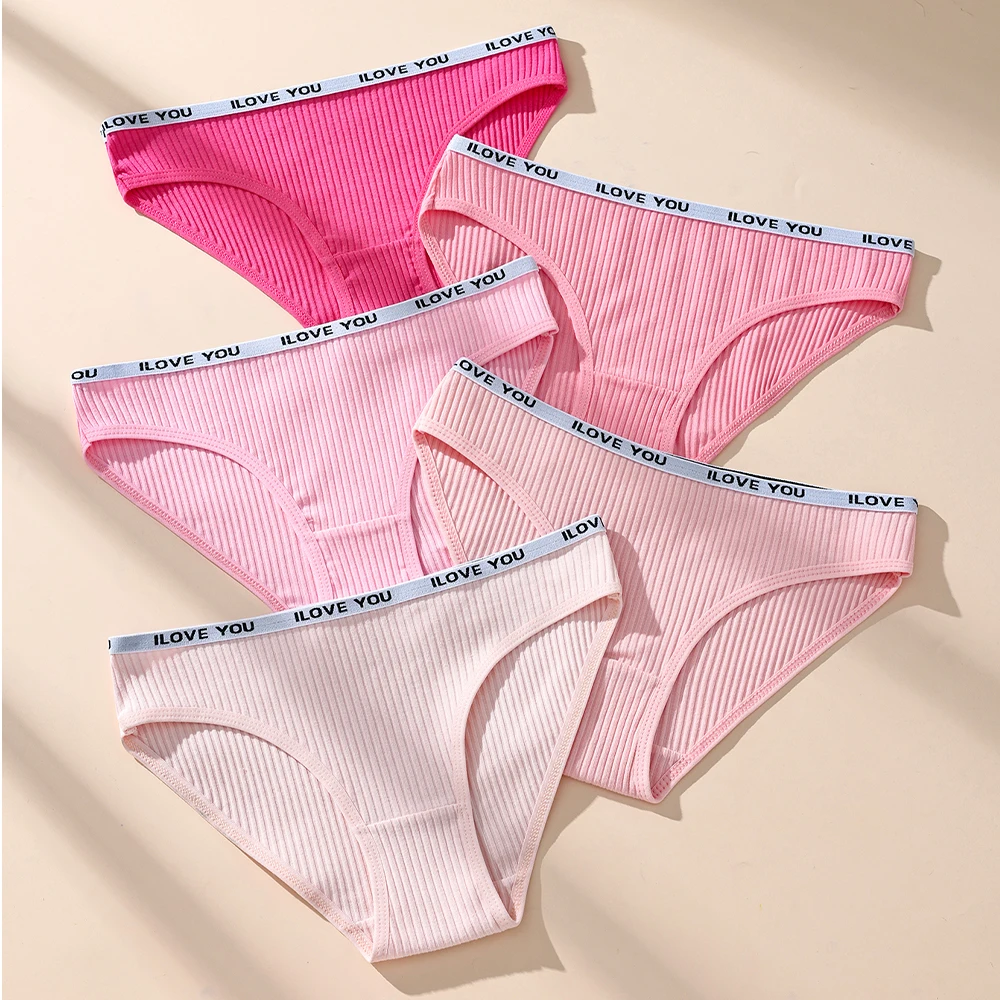 5Pcs Womens Low Waist Cotton Panties Soft Breathable Cute Sexy Solid Color Printed Thongs Comfortable Everyday Underwear XS-L